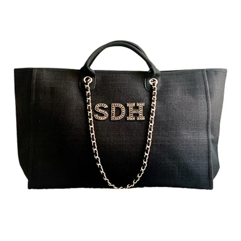 

Luxury Black Personalised Monogram Tote Bag, Canvas Chain Beach Shopping Tote Bag, Personalized Weekend Hand Bag