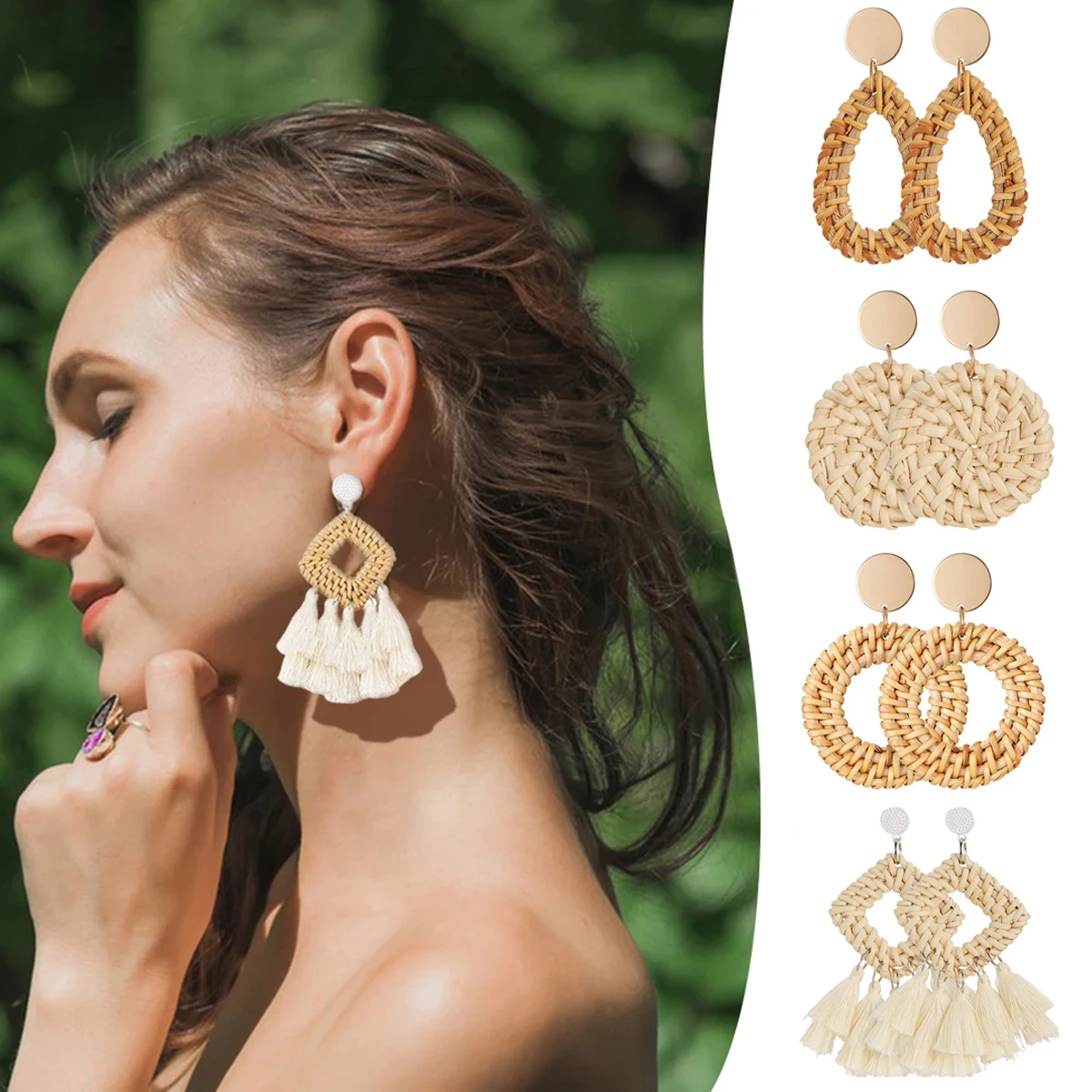 

Boho Rattan Earrings Vintage Geometric Beach Holiday Jewellery Accessories Set Combo