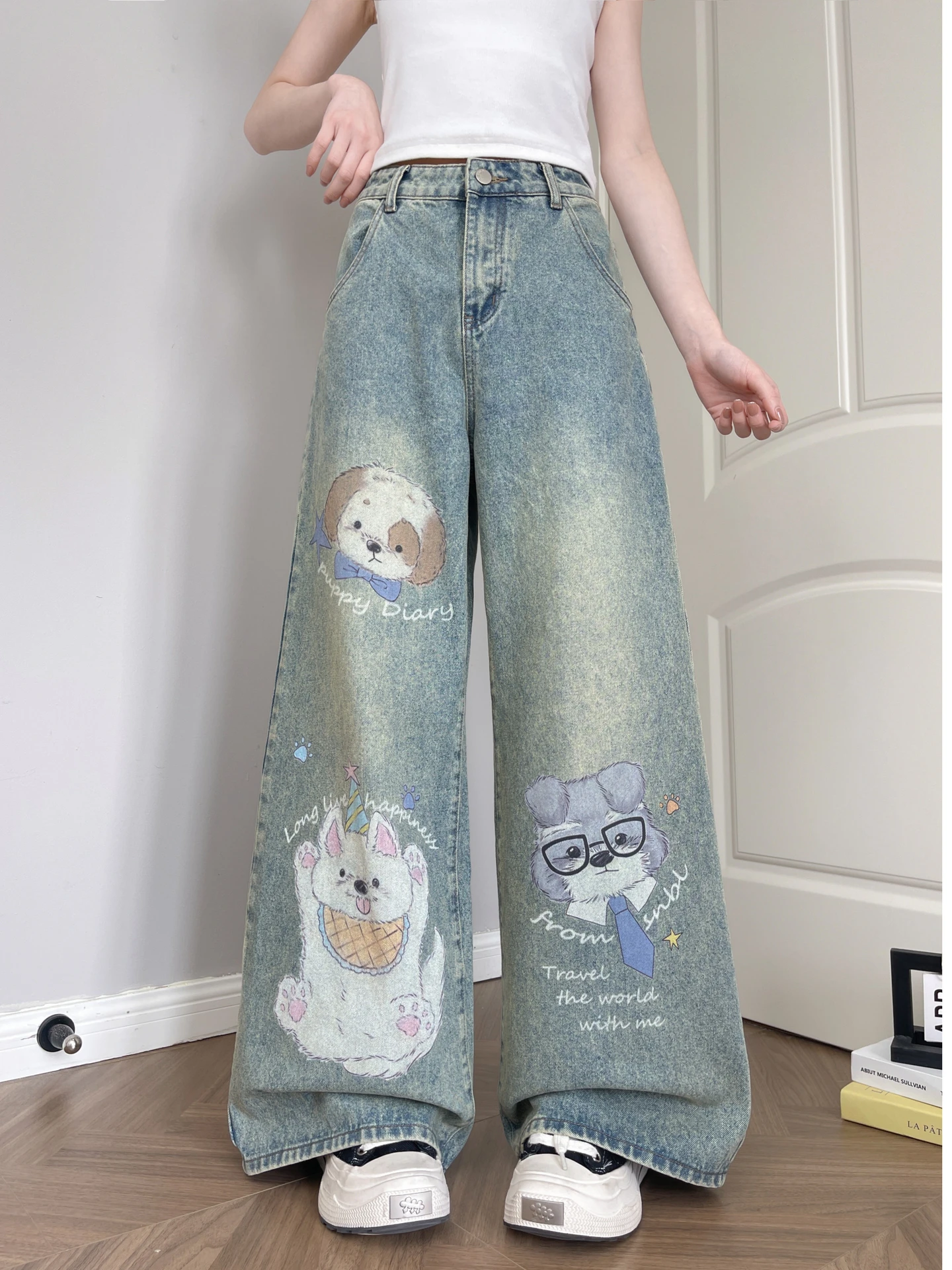 Cute Cartoon Dog Print High Waist Distressed Denim Wide Leg Pants Women's Slimming Jeans Casual Sweet Style Summer Trousers