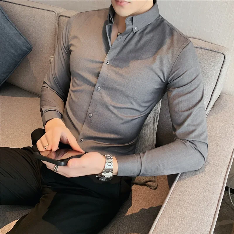 

British Style Mens Shirt Long Sleeve 2024 New Solid Casual Slim Fit Formal Dress Camisas Fashion Men Clothing Oversized 7XL-S