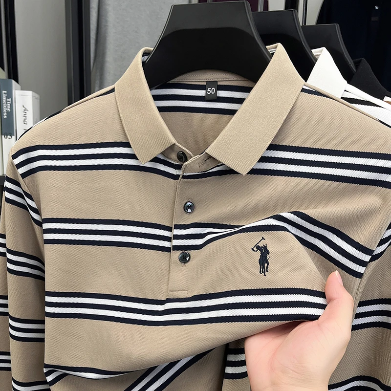 High End Striped Lapel Long Sleeved T-shirt for Men in Spring and Autumn, High-quality Long Staple Cotton Polo Shirt Top