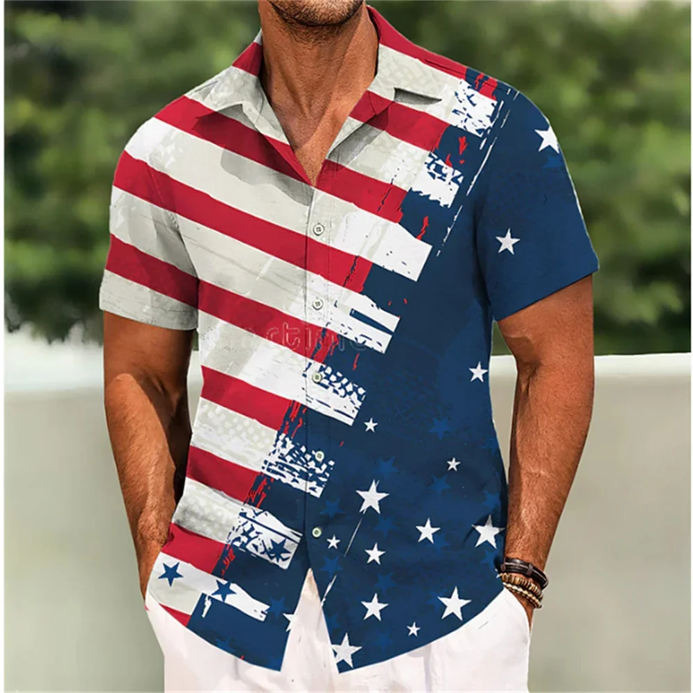 Men's Short Sleeve Shirt Independence Day Flag Print Lapel Short Sleeve Shirt Outdoor Street Fashion Design Casual Men's Shirt