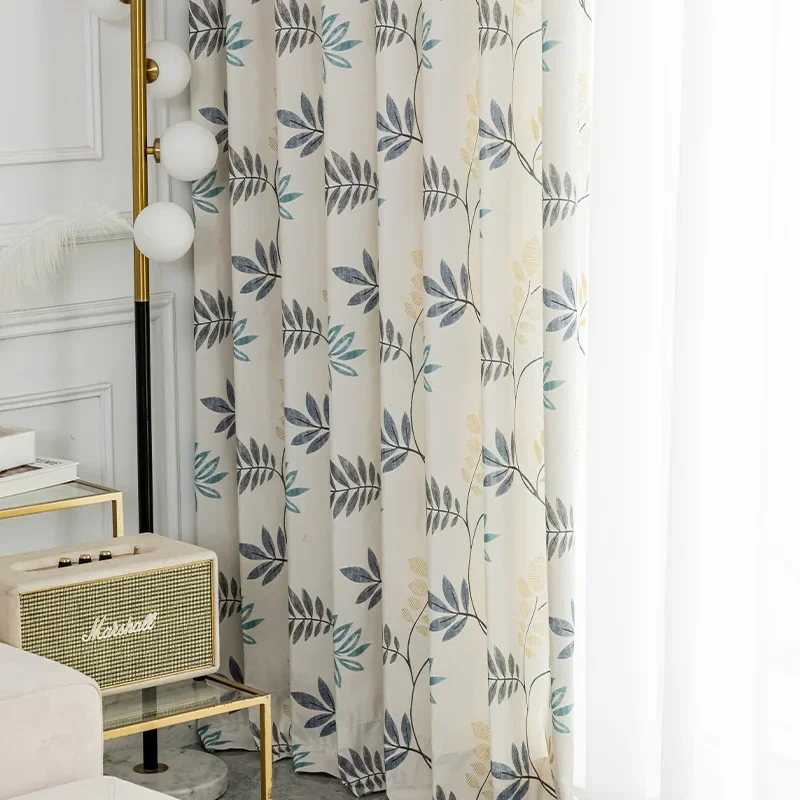 

American Leaf Simple Polyester-cotton Printed Semi-blackout Window Curtains for Living Dining Room Bedroom Study Hotel Apartment