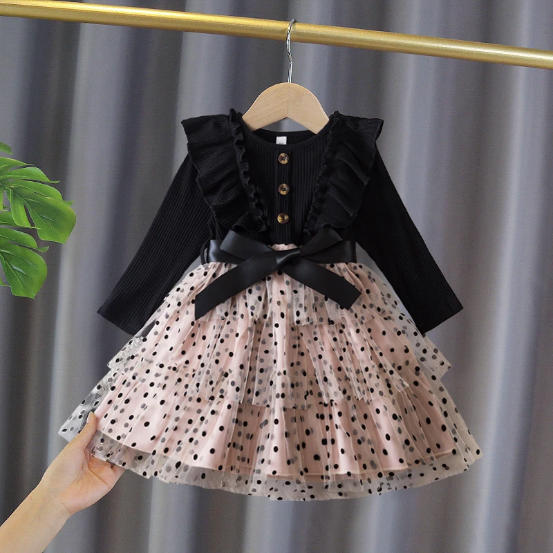 2024 New In Dress Baby Girl Knitted Dress Kids Polka Dot Mesh Dress Girl Princess Cake Dress Children Kids Casual Dress For 2-6Y