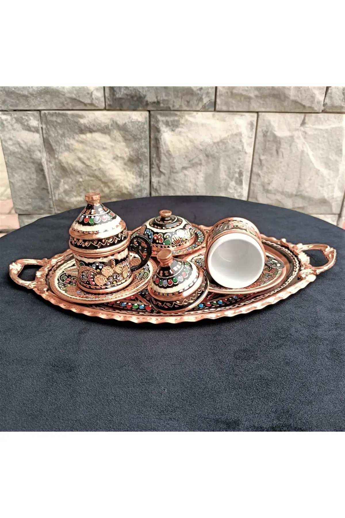 

Copper coffee set rose flower embroidered 2 pcs Cooper Luxury Cups