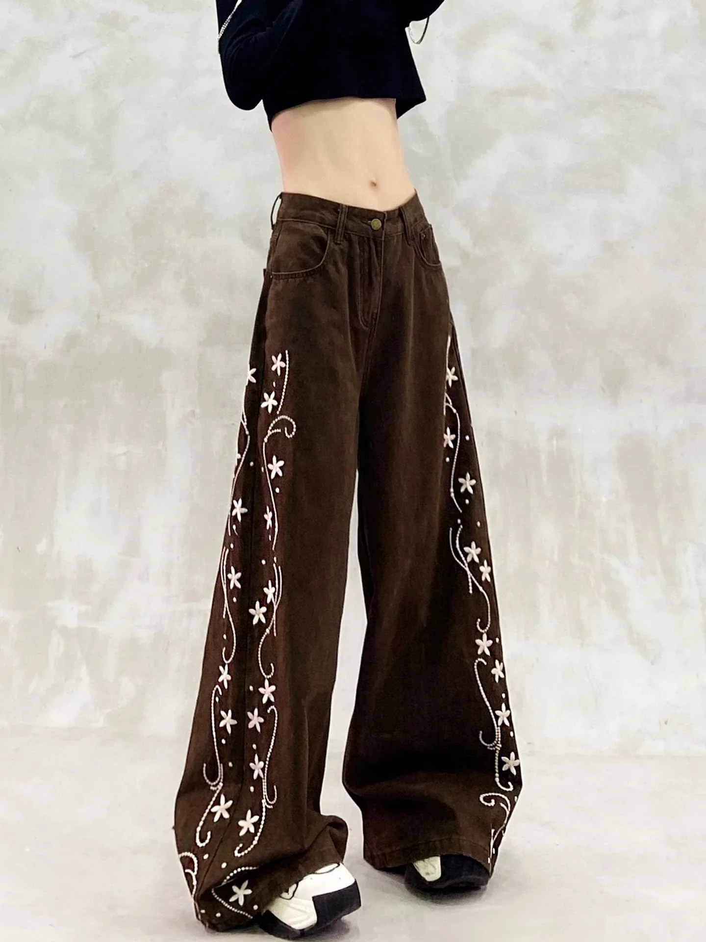 

Women High Waisted Wide Leg Jeans Korean Y2K Loose Embroidered Flower Design High Street Fashion Autumn Casual Trousers