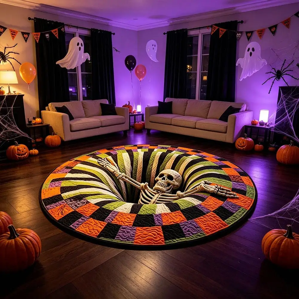 Halloween Skeleton 3D Optical Illusion Round Rug 80*80cm Vortex Hole Visual Floor Mat Holiday Party Home Decorative Carpet