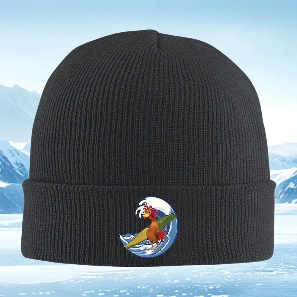 2026 Surfing rooster,wave,surfboard,black background Men Women Unisex Knitted Hat Beanie Pullover Cap Winter Thermal Warm Christ