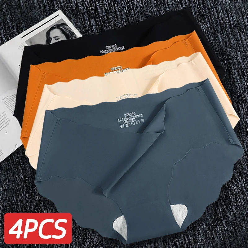 

4 Pcies/Set Women's Ice Silk Traceless Underwear Women's Mid-Waist Cotton Underwear Girls' Sexy Underwear Triangle Briefs