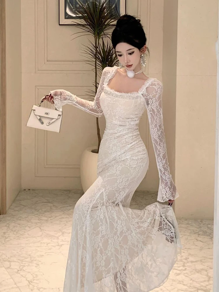 Abito da sera elegante per celebrità da donna Lady Sexy Sheer Lace Diamond Flower Fishtail Robe Femme Backless Party Banquet Vestidos