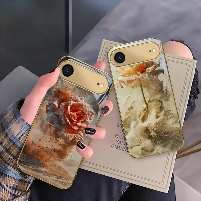 

Vintage Desert Pink Rose For IPhone 17Pro Max 16 17 Pro 15 Pro 14 13 Plus 12 Mini 11Pro Max XR 16E 17Air Golden glass phone case