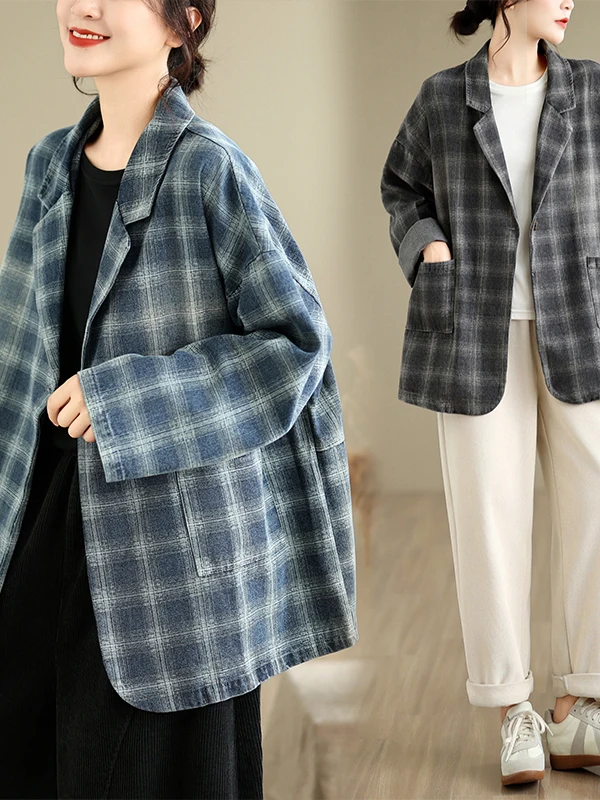 Retro Washed Denim Open Cardigan Large Size Loose Plaid Casual Versatile Autumn Winter Women's Fashion Long Sleeve Suit Jacket