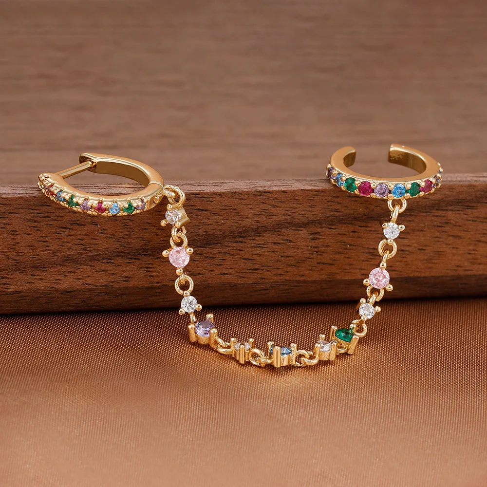 1PC Colorful Crystal Chain Pendant Hoop Earrings For Women Single-Hole Piercing Double Ring Earring Ear Clip Fashion Jewelry