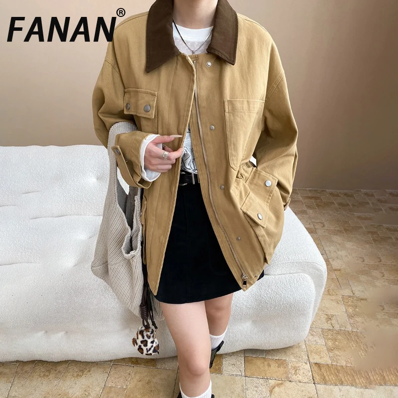 

FANAN Vintage Contrast Color Trench For Women Lapel Single Breasted Big Pockets Fashion Windbreaker Female Coats 2025 Autumn New