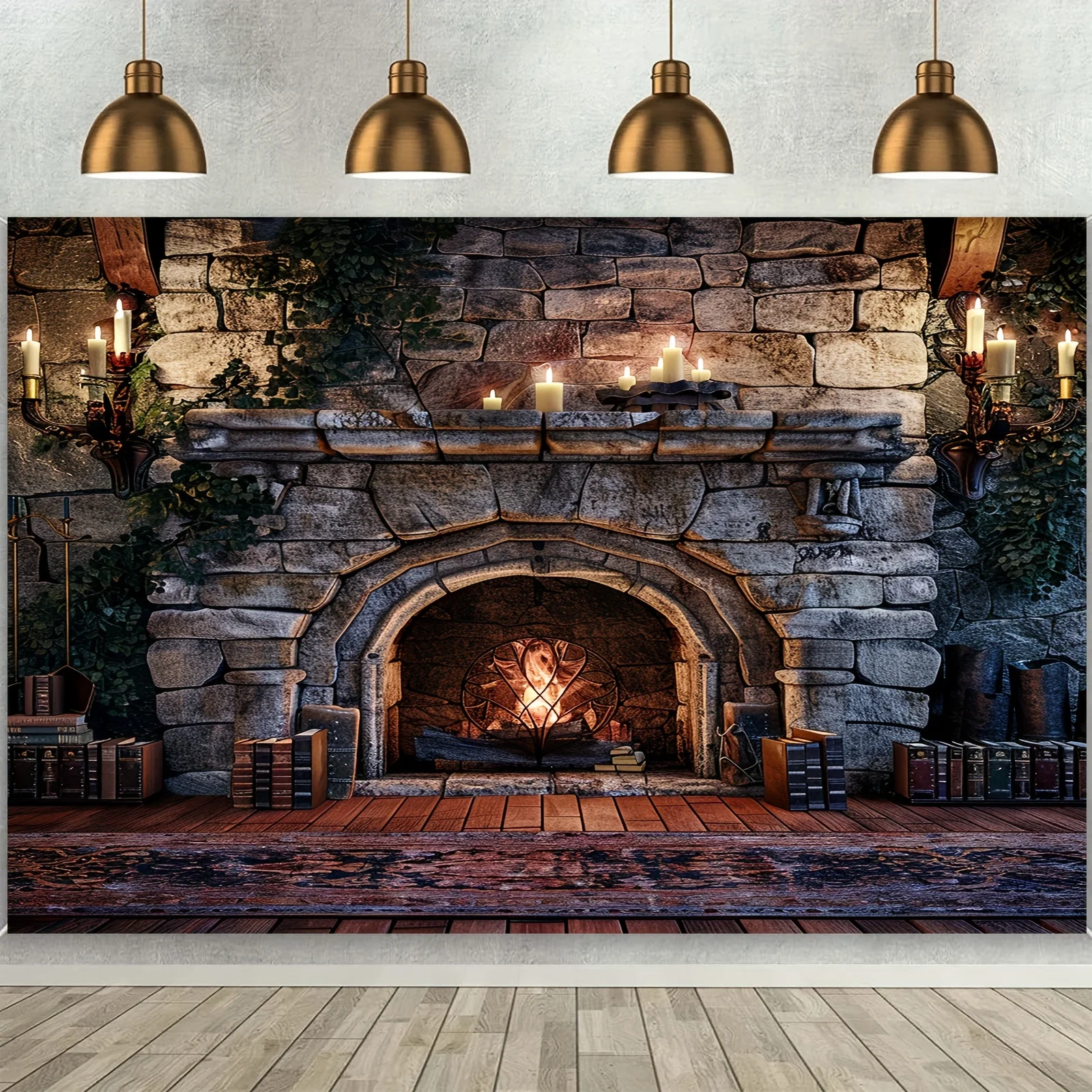 1 mysterious room background - vibrant flames and fireplace photography background with magical books and candle designs