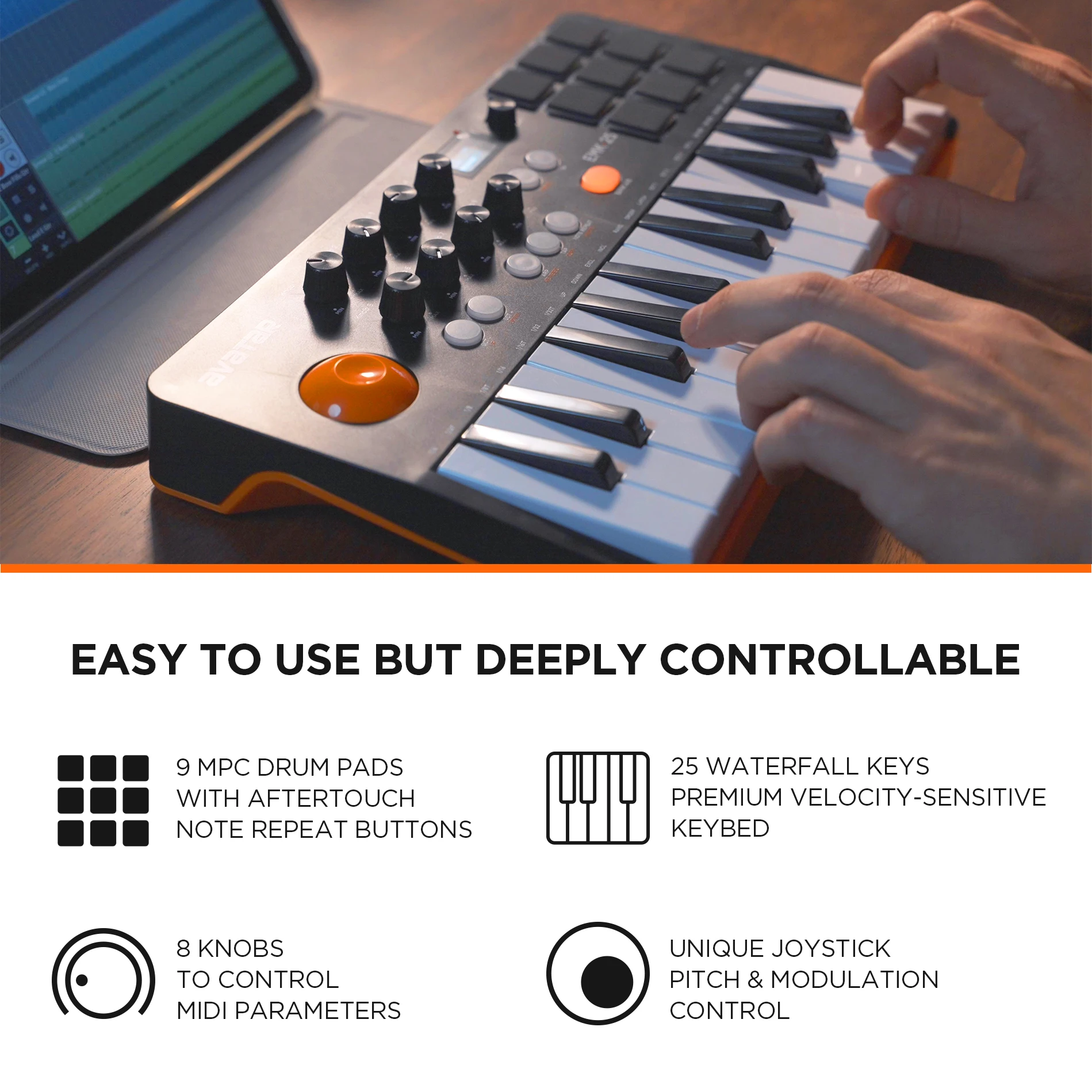 Wireless 25 Key Portable MIDI Keyboard Controller, With 9 Backlit Beat Pads, OLED Display, 8 Knobs, Software Included