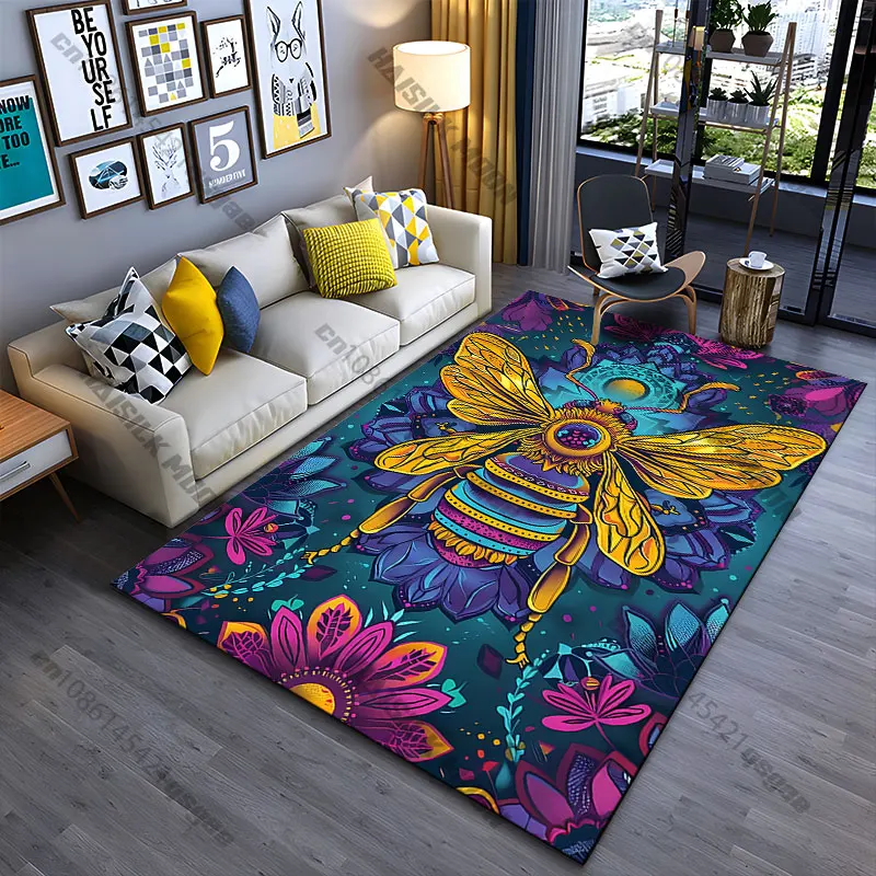 Vibrant bee surrounded by flowers carpet Yoga living room room decor children's crawling mat doormat area rug games mat