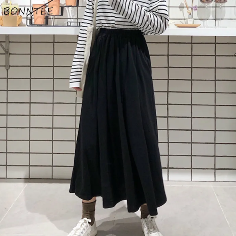 

Юбки женские черные до середины икры с высокой эластичной резинкой на талии простые повседневные Harajuku студенческие универсальные хлопковые шикарные милые элегантные для взрослых