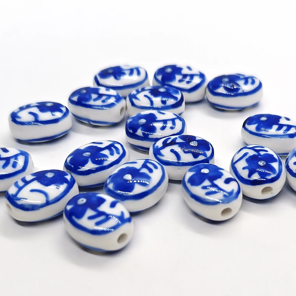 14mm 4/8pcs Blue White Oval Floral Ceramic Beads Chinese Porcelain Charm for Artisan Jewelry Necklace Bracelet Making Supplies