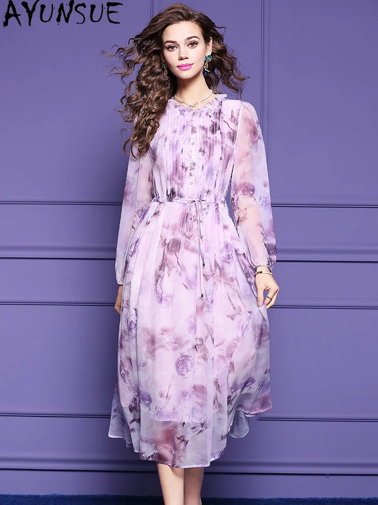 AYUNSUE 100% Real Mulberry Silk Party Dresses Elegant Dress for Women High-end Summer Woman Clothes 2026 Print Платье Женское