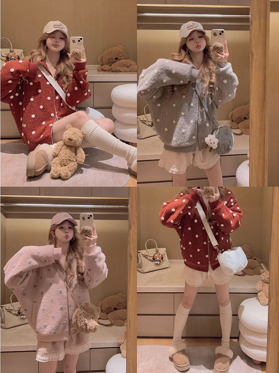 

Yukiss Soft Polka Dot Hooded Cotton Jaet Warm Lamb Fur Lined Sweatirt Sle Coat Women's Faion Autumn Winter Outerwear