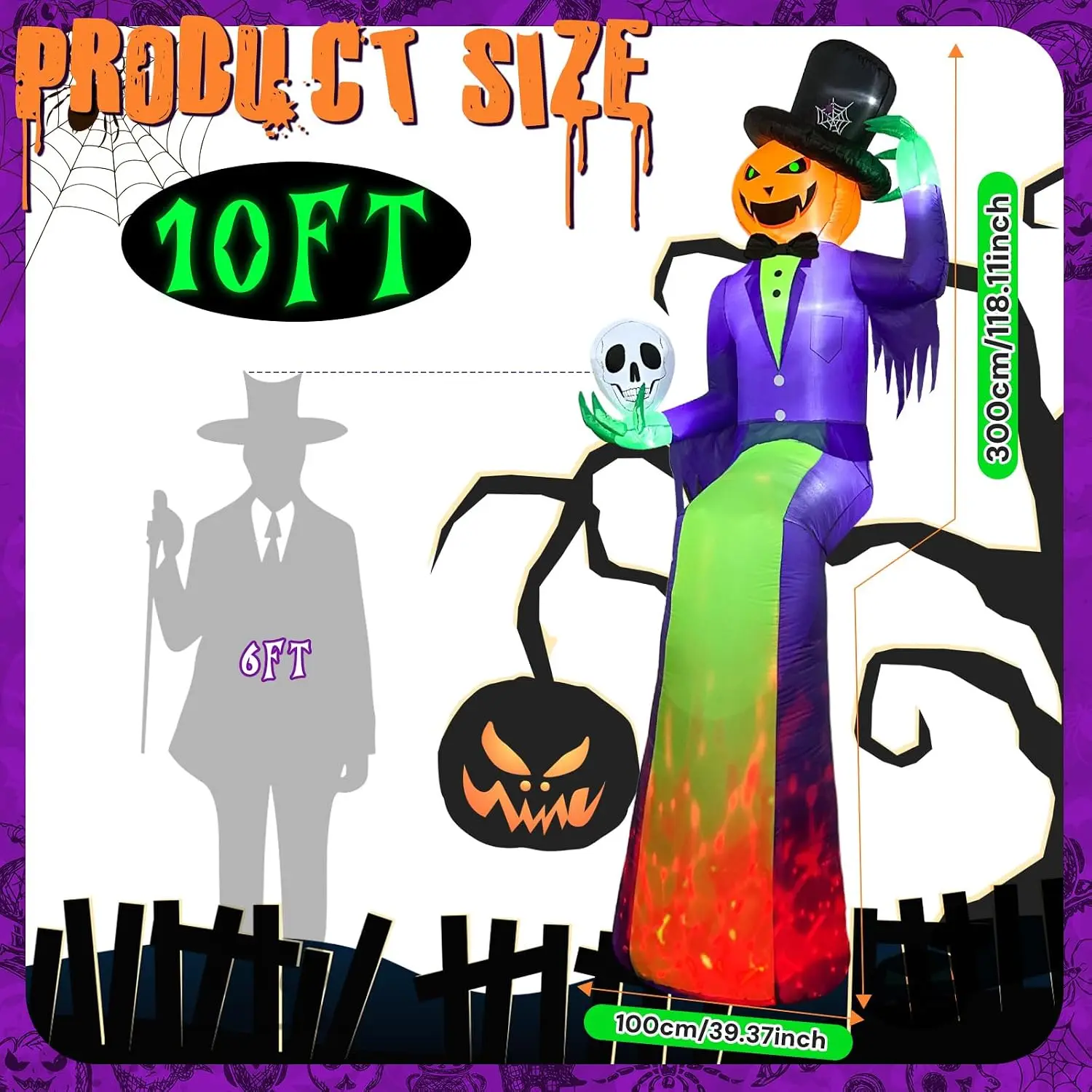 10FT Giant Halloween Inflatables Sitting Pumpkin Man Decor Eye-Catching Blow up Yard Halloween Decorations for Outdoor Holiday