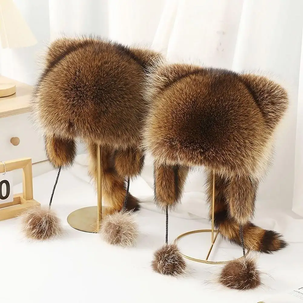 Winter Hat for Kids Adults Racoon Shape Outdoor Cap Faux Fur Thermal Isolation Windproof Unisex Furry Ball Decor Headwear