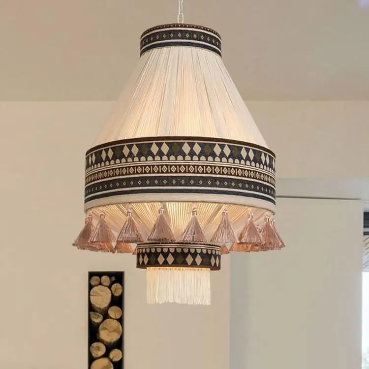 Bohemian Retro Woven Tassel Pendant Light Vintage Rattan Hanging Lamp Wabi Sabi Creative Living Room Restaurant Chandeliers