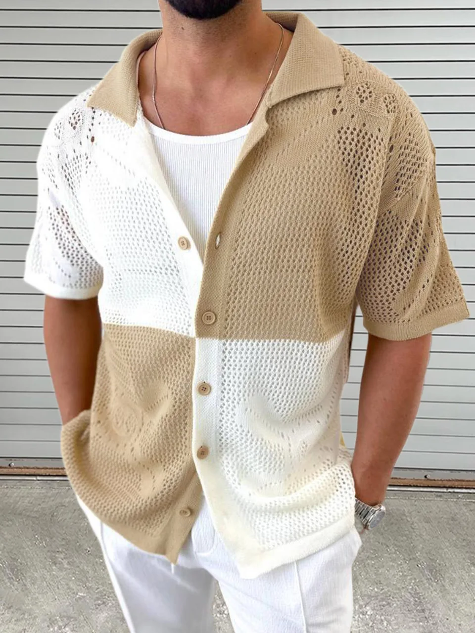 2024 Men's Summer Short Sleeve Polo Shirt Knitted Lattice Solid Breathable Cardigan Shirt Male Streetwear Casual Polo Shirts