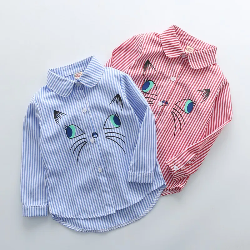 

Fashion 2-7T Children Turn-down Collar Embroidery Cartoon Cat Pattern Long Sleeve Shirts Blouse Outfits Tops