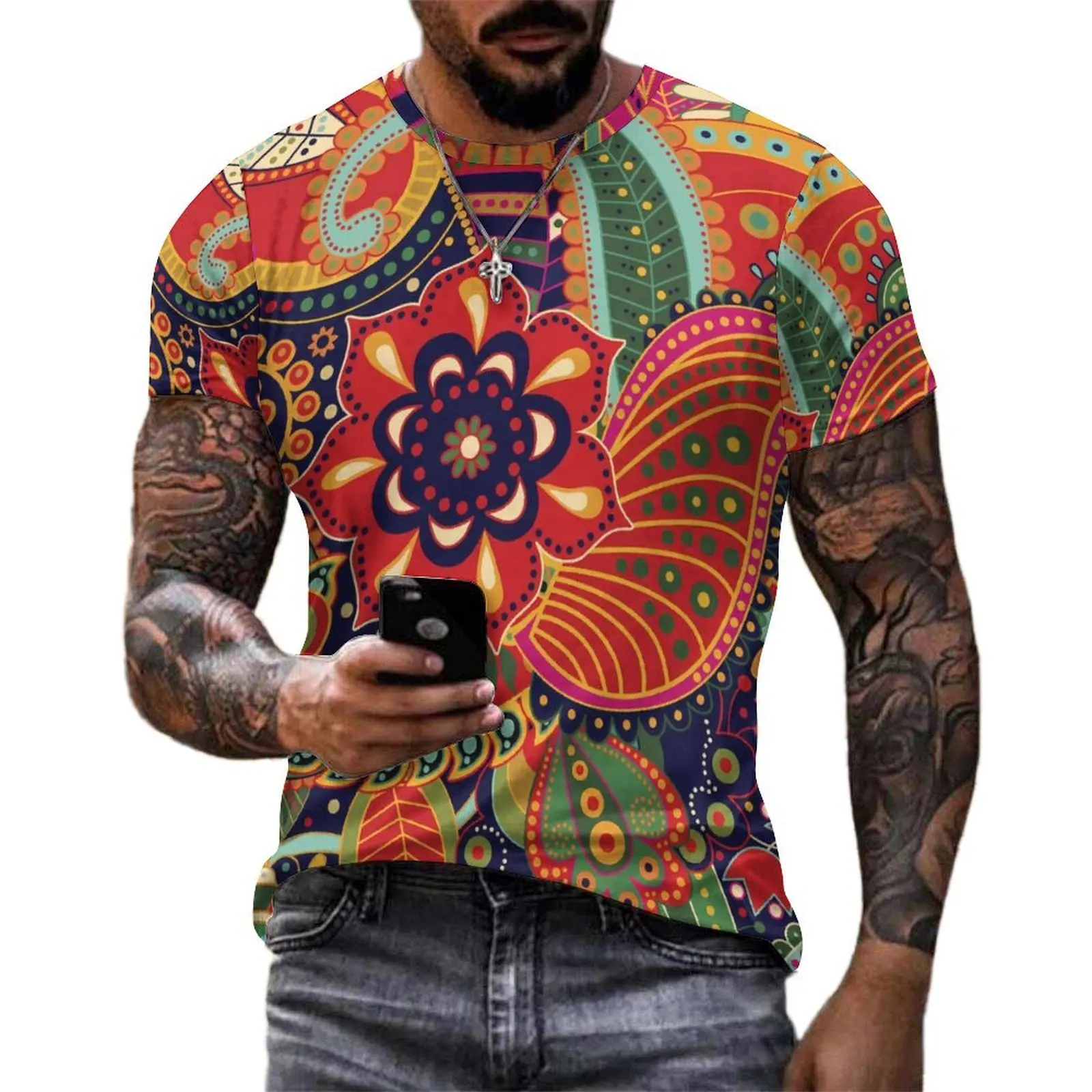 Bright Paisley Print T Shirt Flower Power Popular T-Shirts Men Casual Tshirt Beach Short Sleeve Pattern Clothing Plus Size