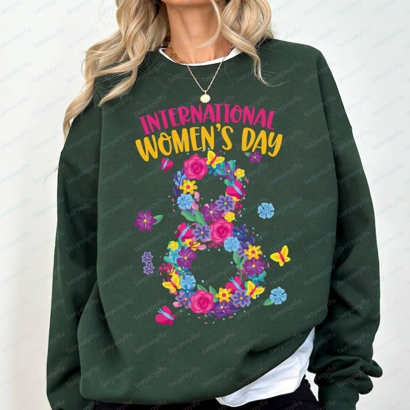 

Свитшот ко Дню женского равенства 8 марта с цветочным принтом, феминистская футболка, толстовка с надписью «Сила женщин», топы