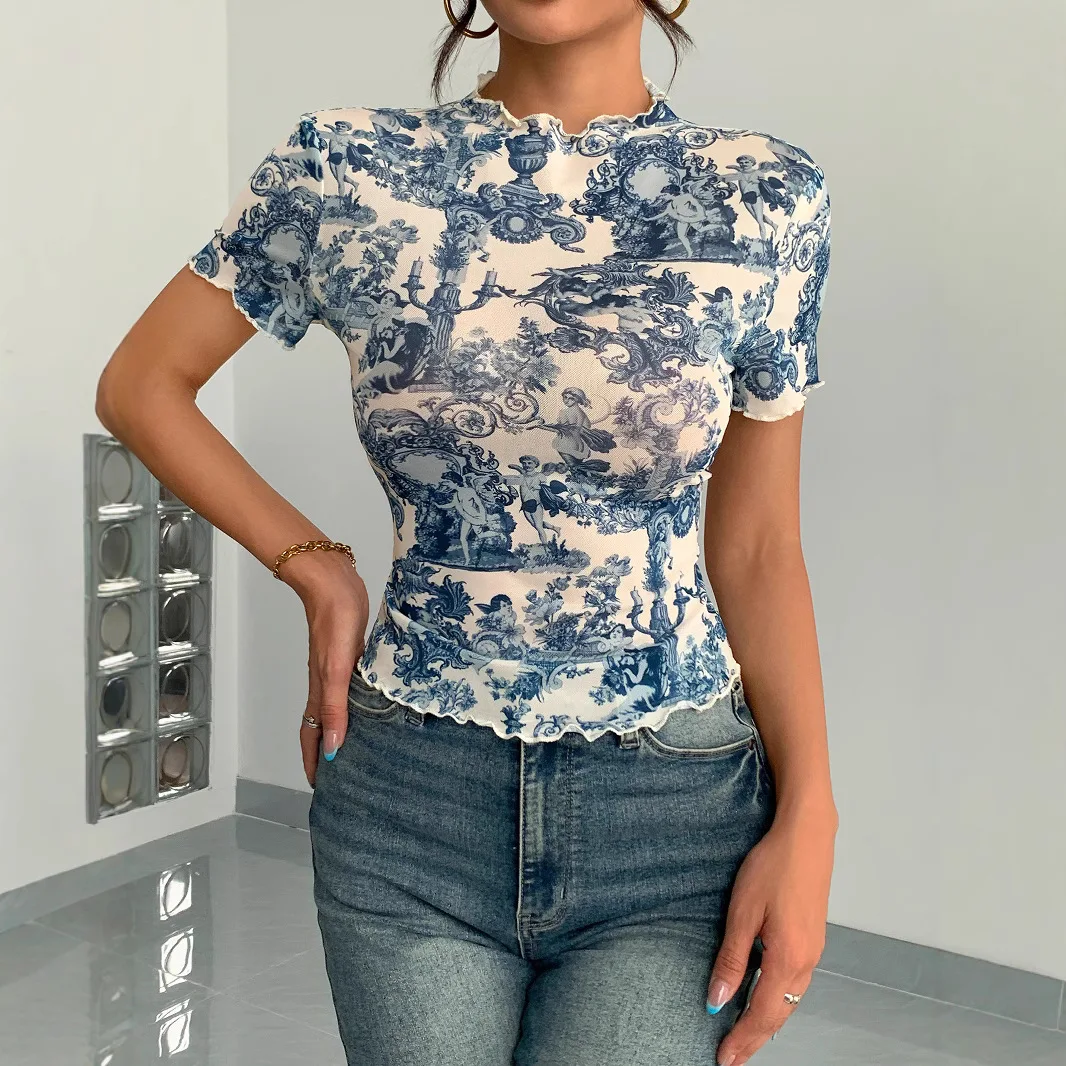 Women's Fashion Elegant Blue and White Porcelain Print Ruffled Mock Neck Slimming Daily Commute Comfort Casual Versatile T-shirt