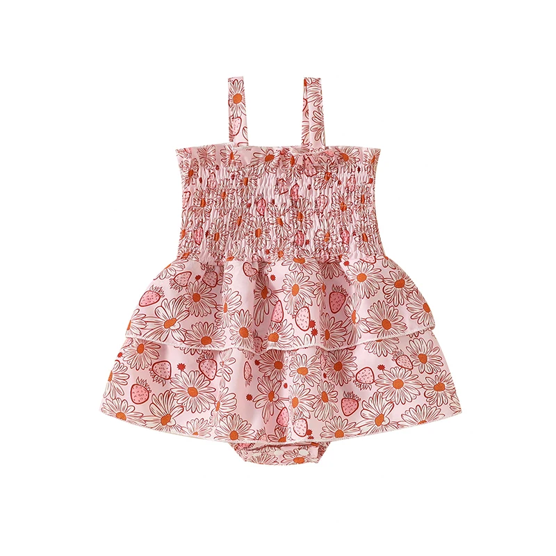

Baby Girl Shirred Romper Dress Cute Daisy Strawberry Print Spaghetti Strap Layered Hem Jumpsuit Toddler Summer Clothes