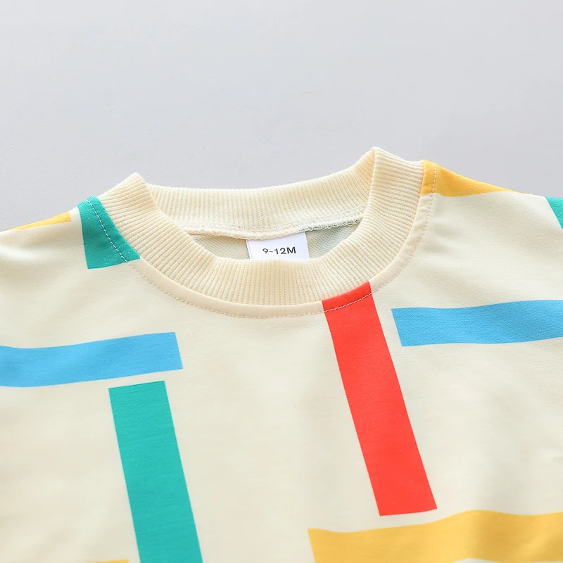 2-teiliges Baby-Outfit-Set – bequemes Baumwoll-Set für Frühling und Herbst, bestehend aus langärmeligem Oberteil und langer Hose, mit einem farbenfrohen Streifenmuster. – Detail 3