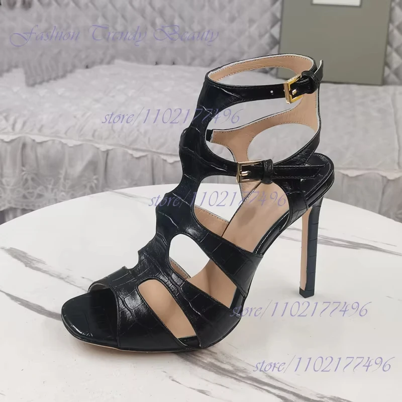 

Purple Stone Pattern Square Toe Open Heel Strap Stiletto Sandal Women Purple Leather Hollow Pump Silver Ankle Buckle Casual Shoe