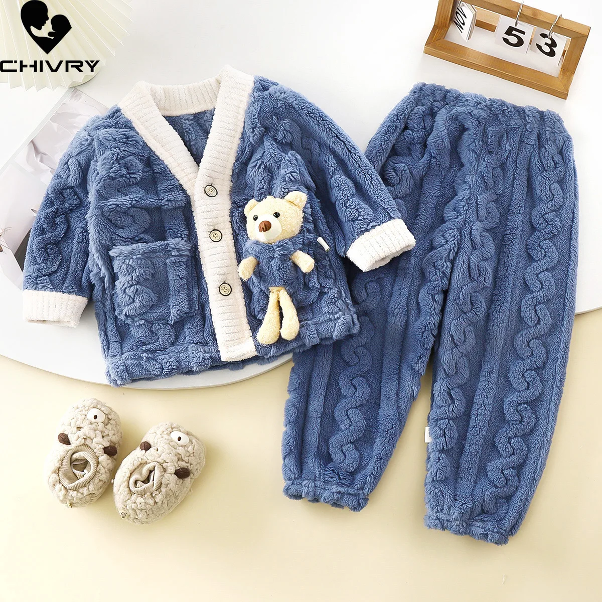 Kids Autumn Winter Warm Soft Flannel Pajamas Sets Baby Cute Cartoon Bear V-neck Sleepwear Loungewear Boys Girls Casual Pyjamas