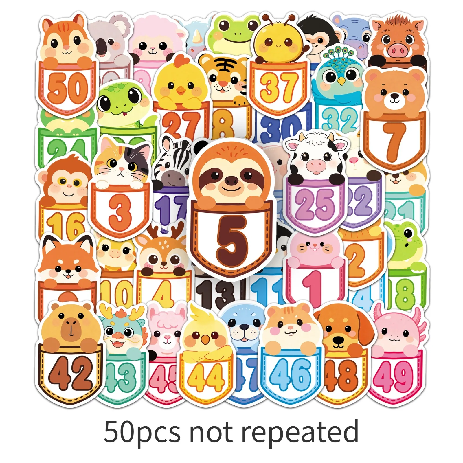 50Pcs Number Sequence Stickers Cartoon Animal Cute Pet Waterproof Decals for Water Bottle Laptop Phone Journal Gift