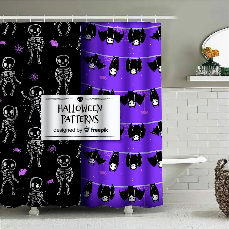 

Tuniu Halloween Bat Skull Black Purple Pattern Shower Curtain Spooky Gothic Decor for Bathroom Kids Room