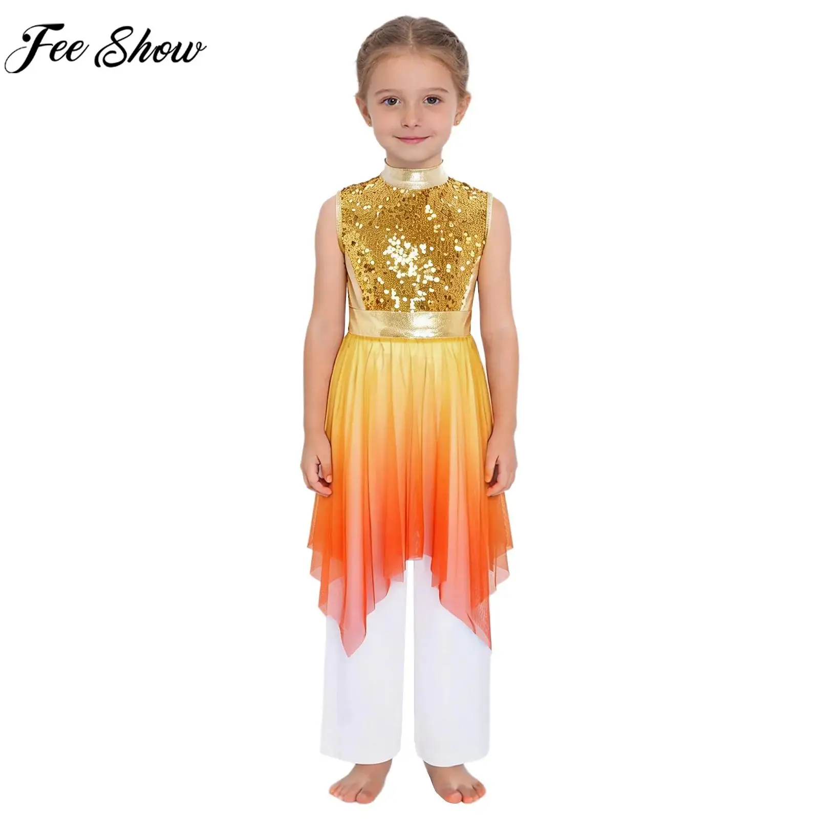

Children Girls Sleeveless Sequins Bodice Lyrical Dance Dress Liturgical Worship Praise Choir Tunic Gown with Pants Dancewear