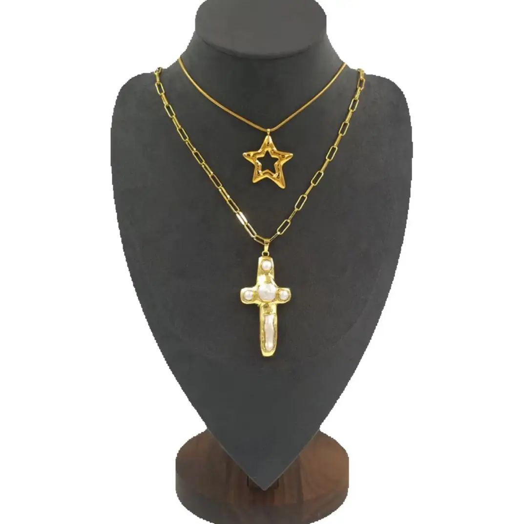 WT-JN366 Unique Double Layer Necklace Pearl Paved 18k Gold Plated With Star Flower Hollow Charms For Women Clavicle Chain