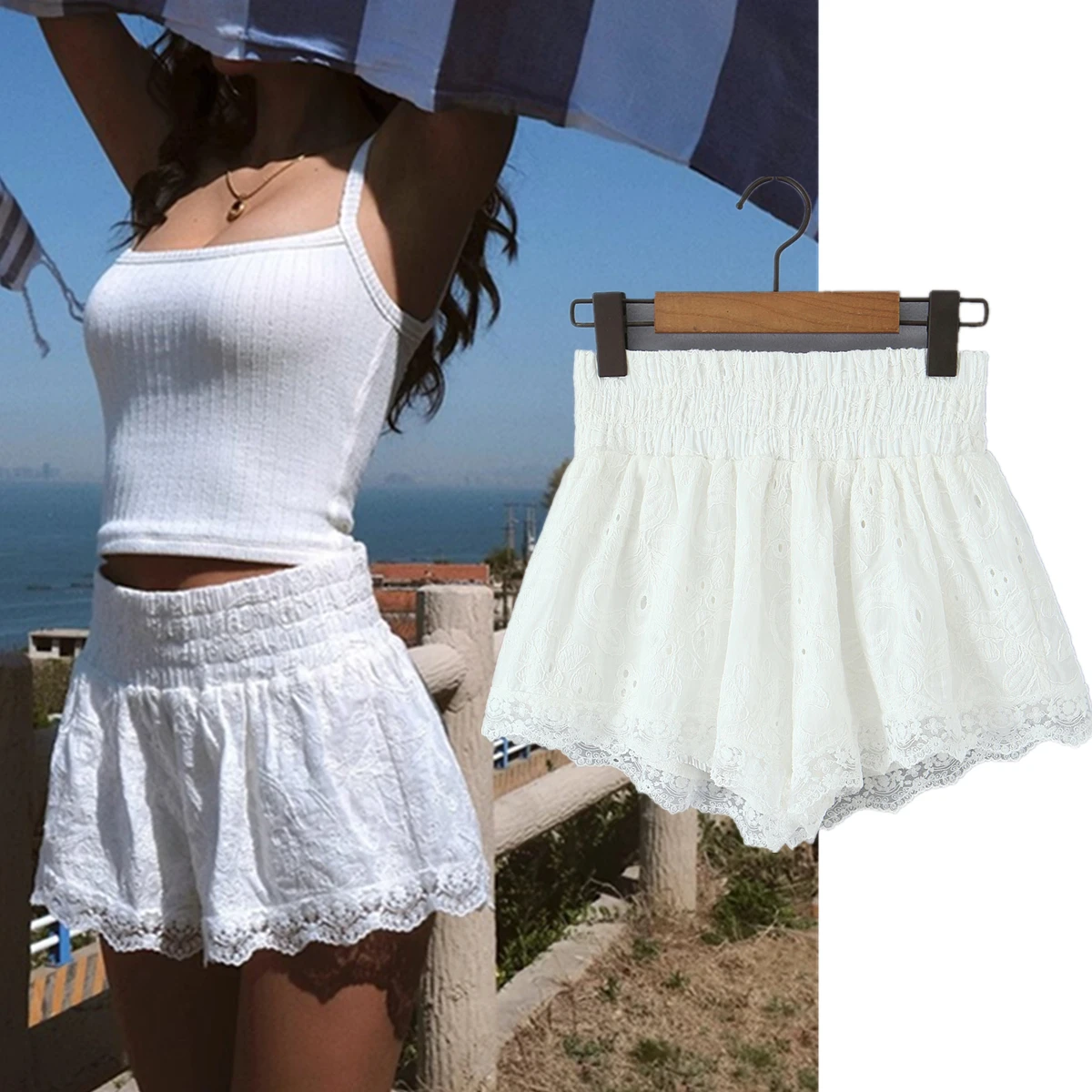 

Maxdutti French Country Lace Cotton Bermuda Shorts Women Minimalist White Elegant Summer Vacation Casual Shorts Girls