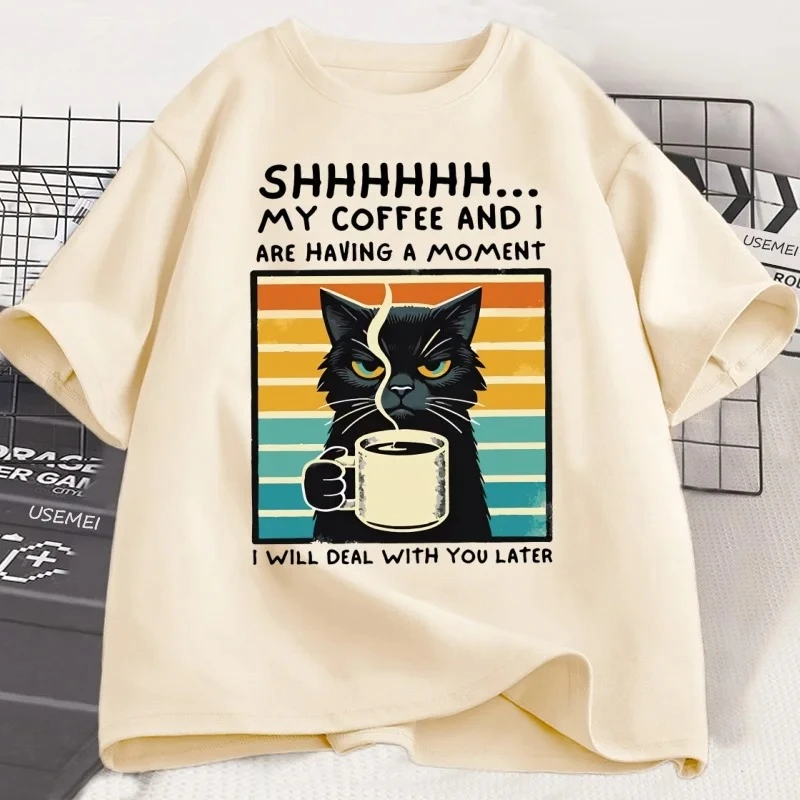 재미 있은 커피 고양이 티셔츠 여름 짧은 소매 고양이 티셔츠 커피 애호가 티셔츠 레트로 고양이 티셔츠 옷