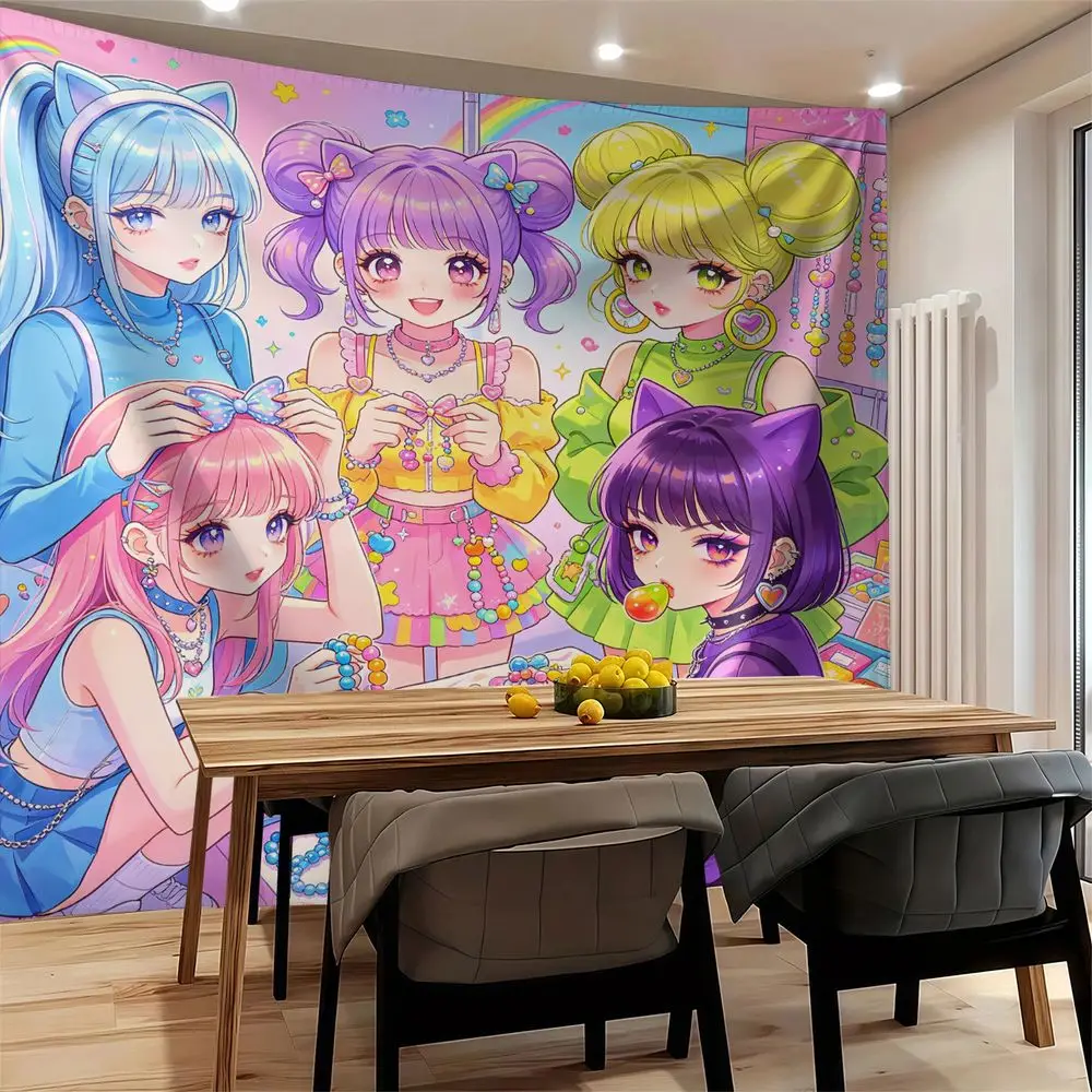 Dessert Bar Ice Cream Cat Ear Girls Digital Print Tapestry Wall Hanging Tapestries Wall Blanket Sweet Kawaii Apartment Decor