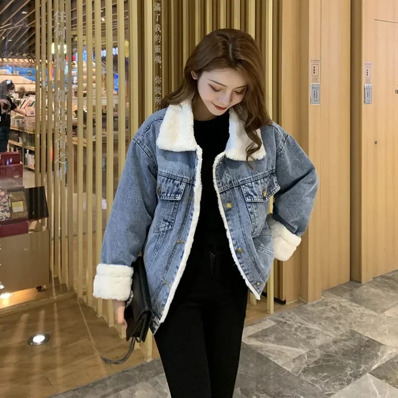

Autumn/Winter New Thicken Denim Jacket Women Overcoat Loose Long Sleeve Denim Jacket Female Outwear Warm Parka JJ1259