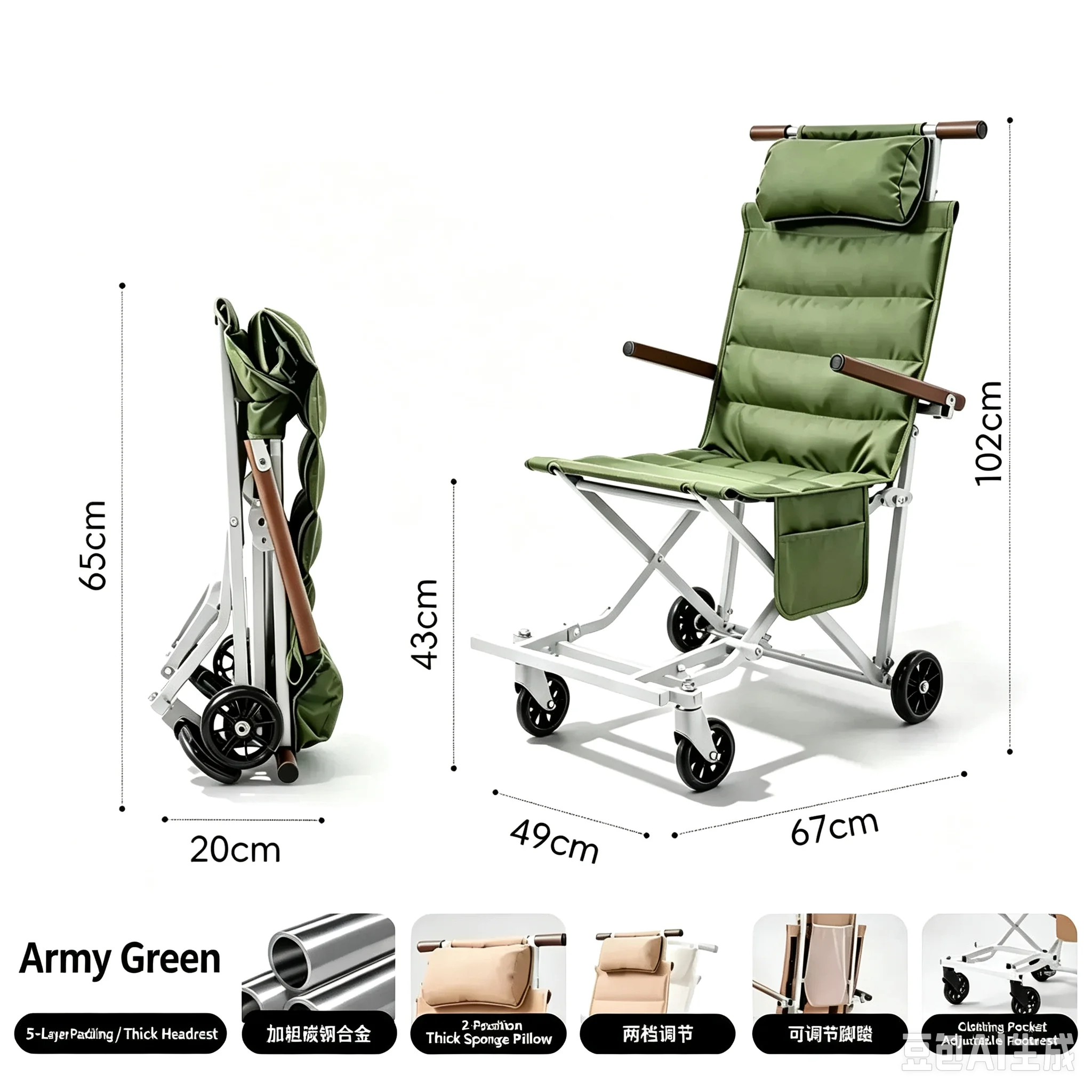 Portable Folding Trolley Recliner Adjustable Carbon Steel Frame Fabric Outdoor Camping Travel Wheeled Lounge Chair For Family