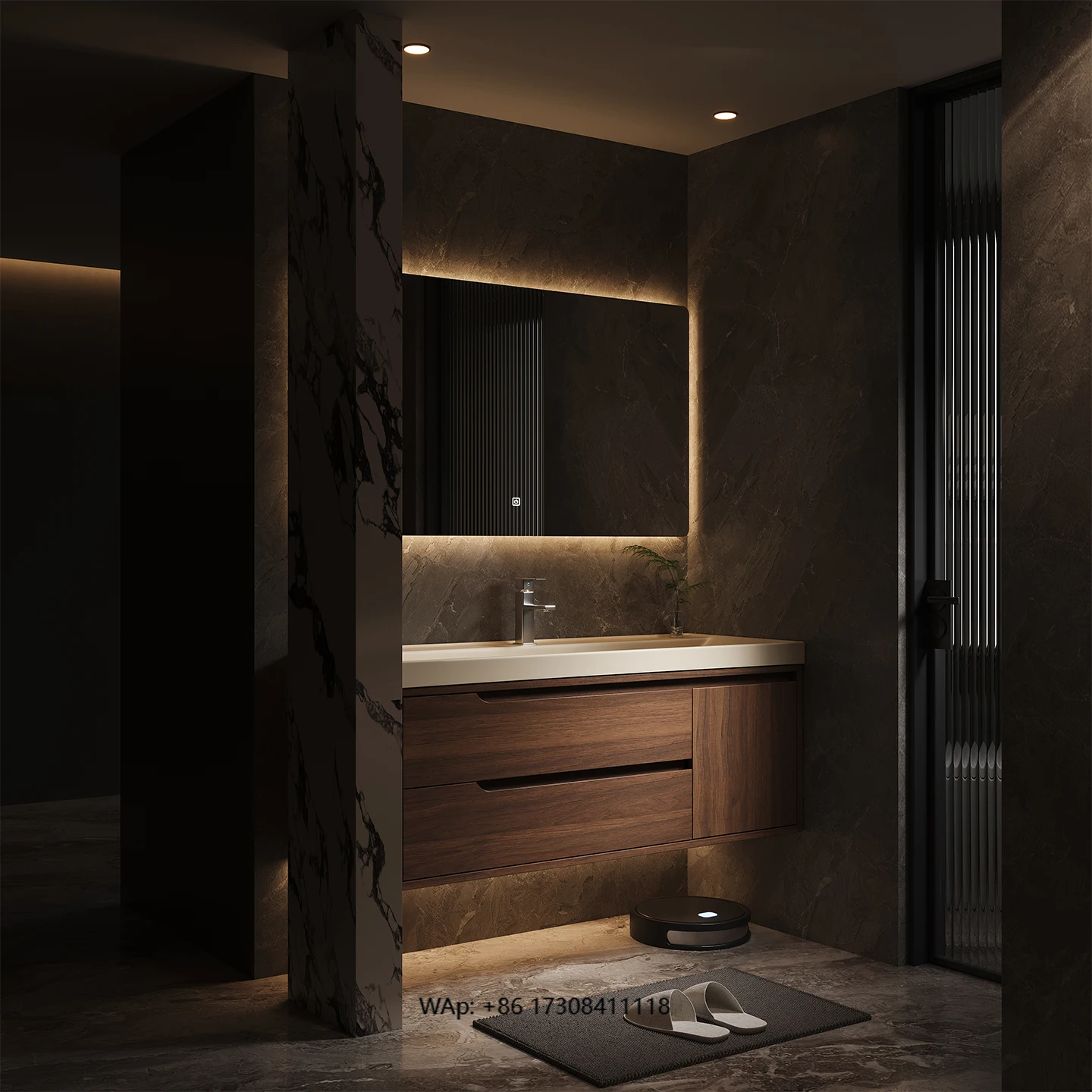 Modern Style Ceramic Basin Integrated Bathroom Cabinet Set with LED Mirror Floor Standing Waterproof Washbasin Face Basin
