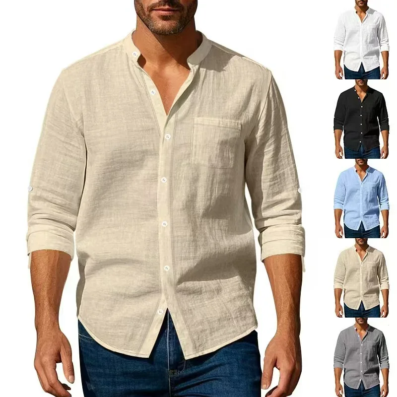 

Cotton Linen Shirt for Men Henley Neck Solid Color Lightweight Breathable Slim Fit Single Breasted Shirt Long Sleeve Button Up