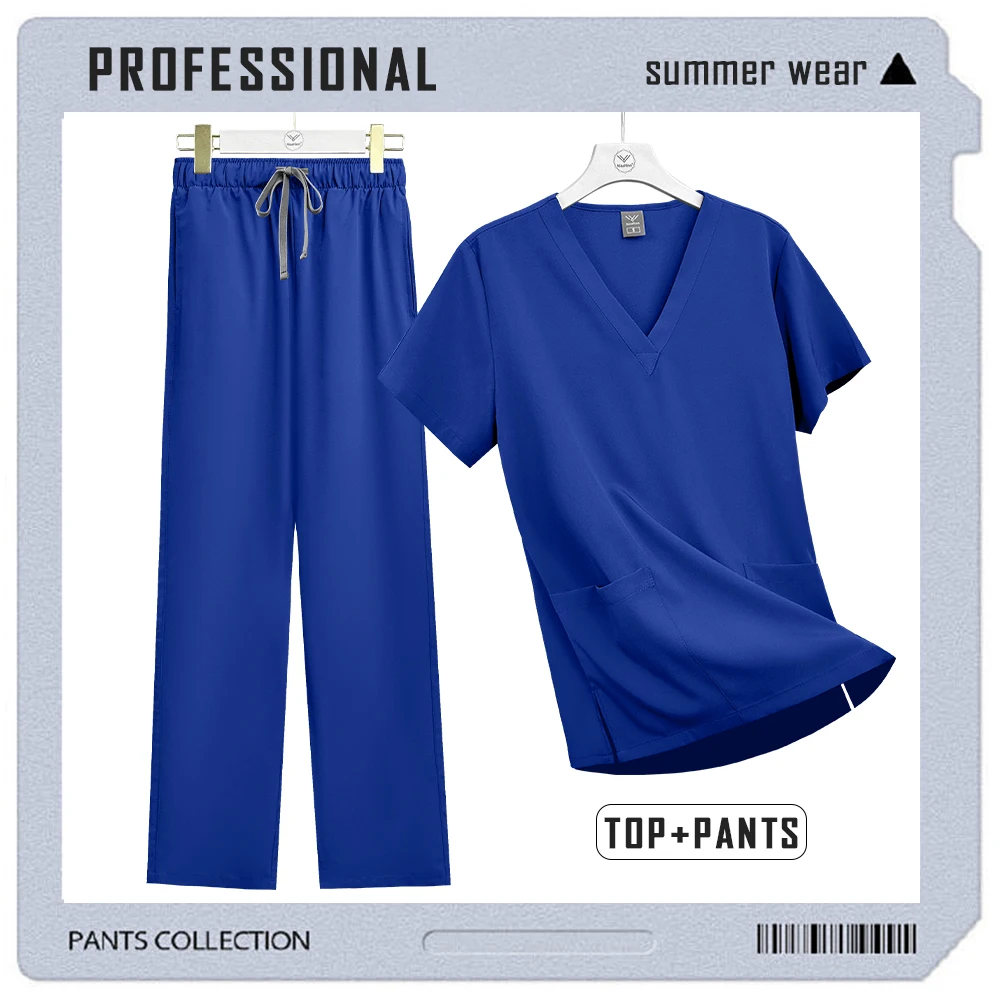 Ensemble de gommage d'infirmière à manches courtes et col en v, uniforme médical pour femmes, uniforme de chirurgie, vêtements de travail pour médecins, vêtements de travail dentaires, costume de beauté, été