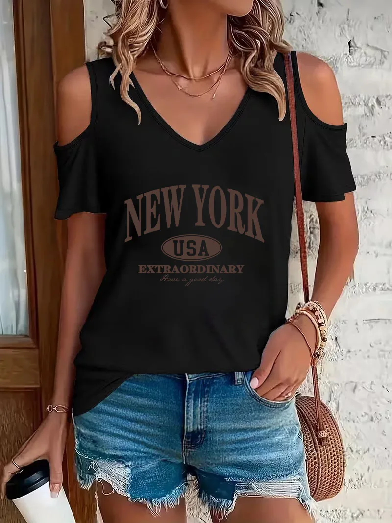 Modisches New York Buchstaben-Print T-Shirt Kurzarm Grafik V-Ausschnitt T-Shirt Lässiges Oberteil Off-Shoulder V-Ausschnitt Damenbekleidung Shirt – Detail 2
